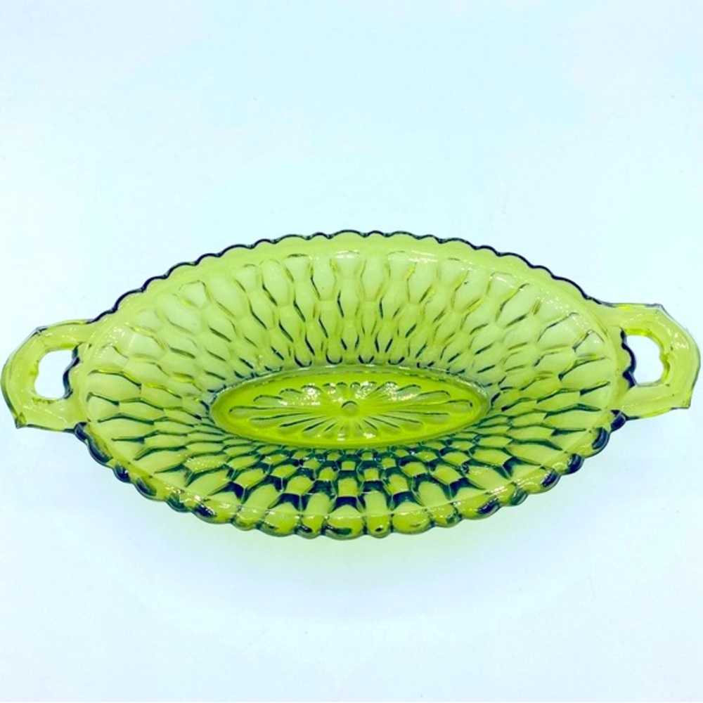 Vintage Indiana Glass Green Honeycomb Relish/Candy Dish With Double Handles Oval